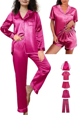 Womens 5Pcs Silk Pajamas Set XS-2XL Satin Pajama Sets Silky Sleepwear Pjs Loungewear Button Down Pj Nightwear