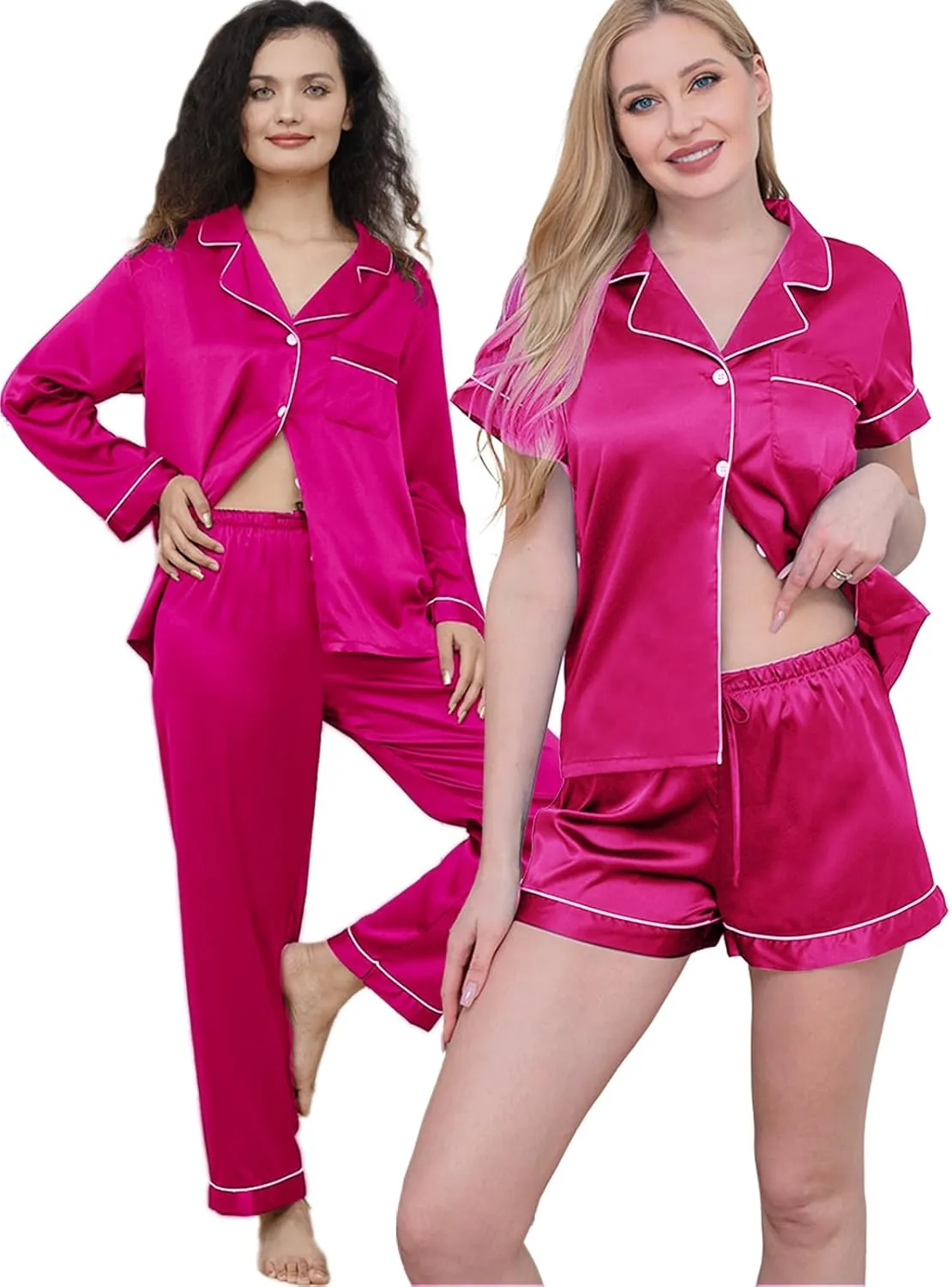 Womens 5Pcs Silk Pajamas Set XS-2XL Satin Pajama Sets Silky Sleepwear Pjs Loungewear Button Down Pj Nightwear