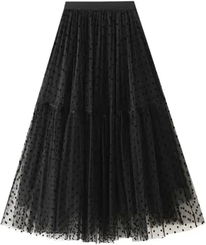 Women's A-Line Pleated Skirt Spring Summer Polka Dot Mesh Skirt Fluffy Skirt