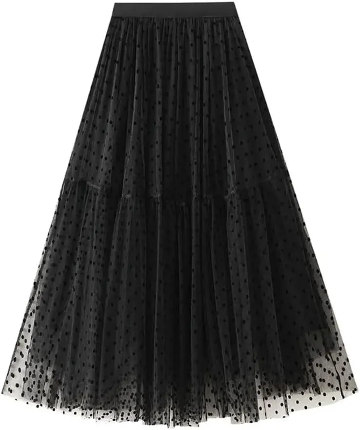 Women's A-Line Pleated Skirt Spring Summer Polka Dot Mesh Skirt Fluffy Skirt