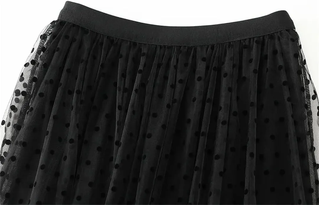 Women's A-Line Pleated Skirt Spring Summer Polka Dot Mesh Skirt Fluffy Skirt