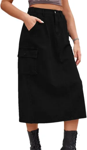 Women's Back Slit Big Pockets Denim Skirts High Waisted Button Down Midi Skirts Solid Color Casual Skirt