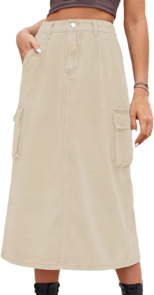 Women's Back Slit Big Pockets Denim Skirts High Waisted Button Down Midi Skirts Solid Color Casual Skirt