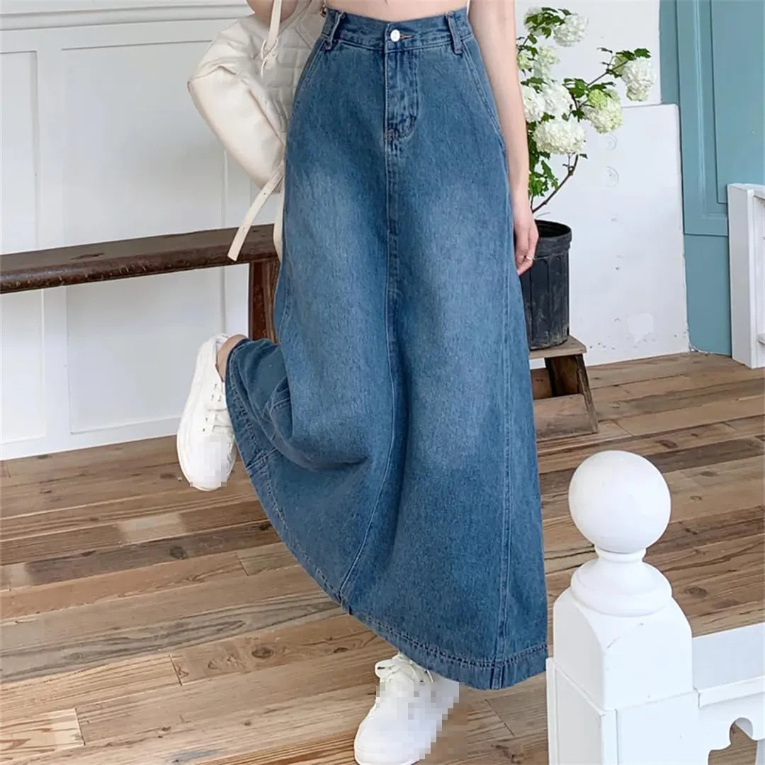 Women's Back Slit High Waisted Denim Skirt with Pockets Ankle-Length Casual Work A-Line Jeans Skirt