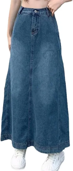 Women's Back Slit High Waisted Denim Skirt with Pockets Ankle-Length Casual Work A-Line Jeans Skirt
