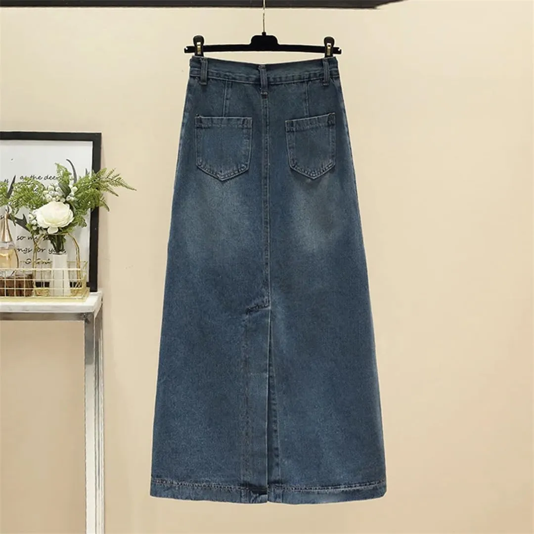 Women's Back Slit High Waisted Denim Skirt with Pockets Ankle-Length Casual Work A-Line Jeans Skirt
