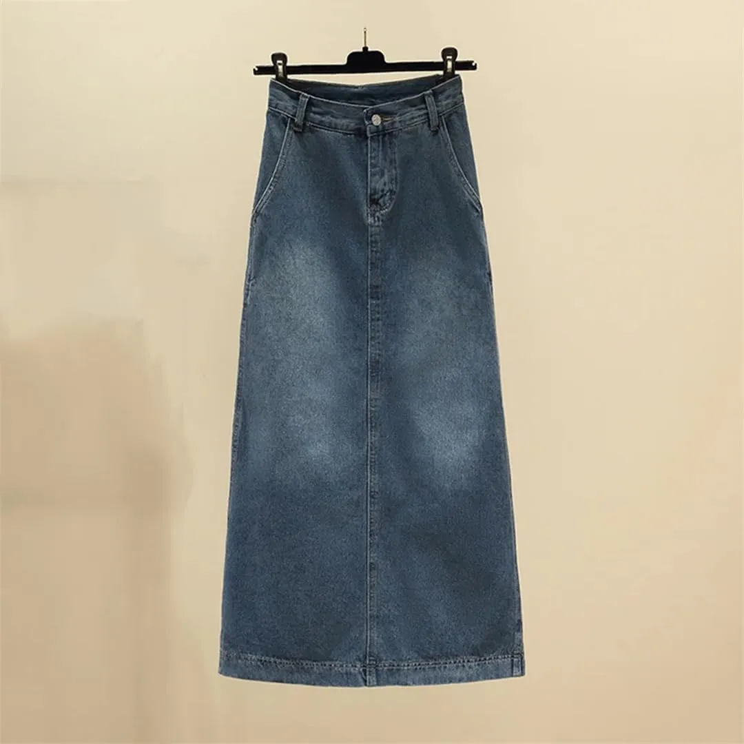 Women's Back Slit High Waisted Denim Skirt with Pockets Ankle-Length Casual Work A-Line Jeans Skirt