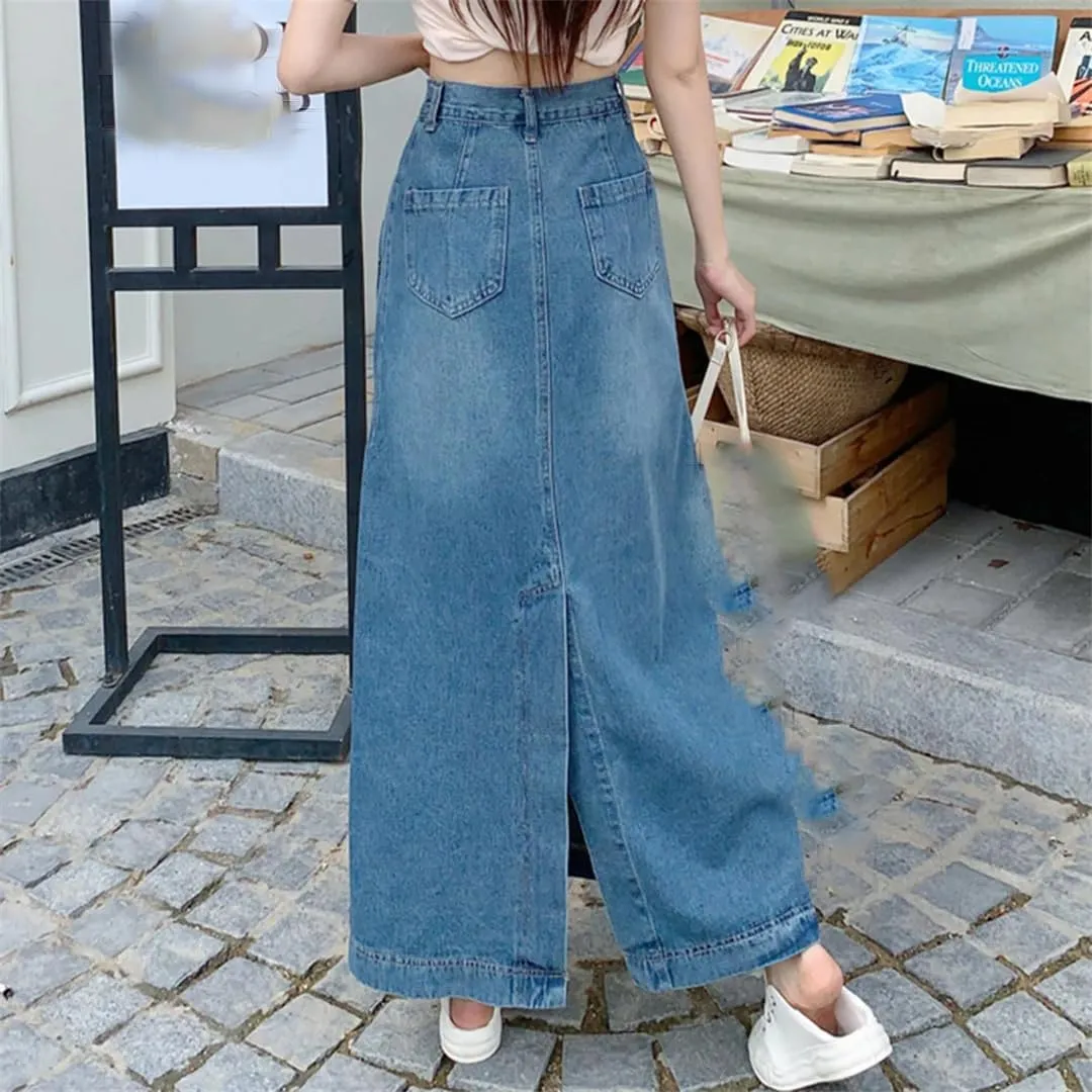 Women's Back Slit High Waisted Denim Skirt with Pockets Ankle-Length Casual Work A-Line Jeans Skirt