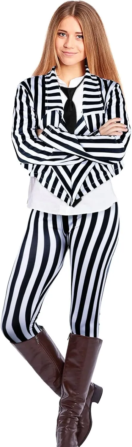 Women's Black White Vertical Striped Kit Include Blazer Length Pant with Tie