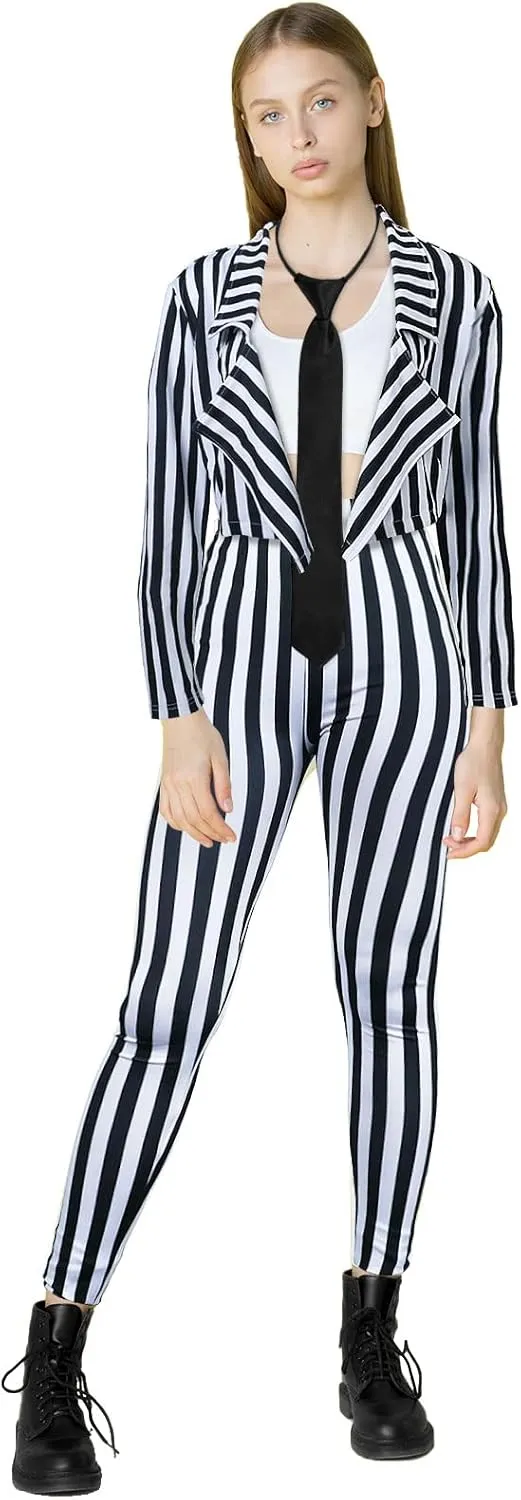 Women's Black White Vertical Striped Kit Include Blazer Length Pant with Tie
