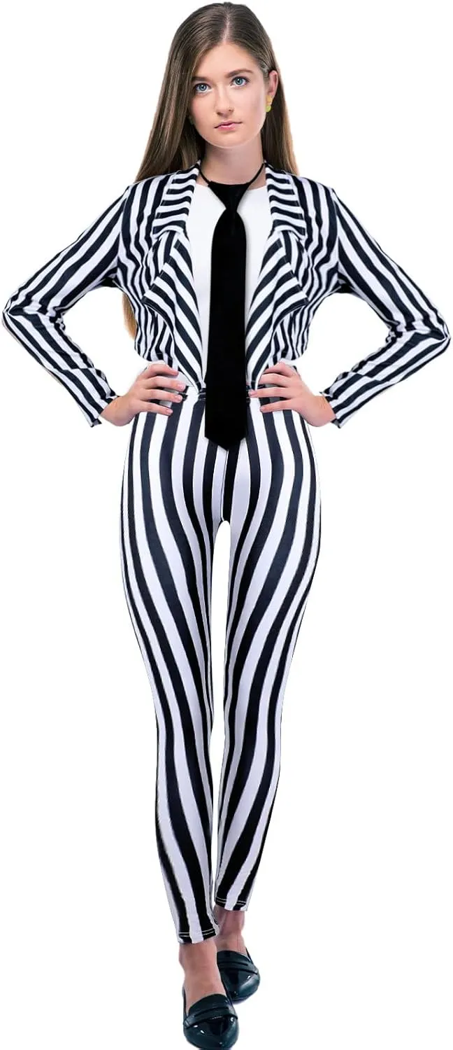 Women's Black White Vertical Striped Kit Include Blazer Length Pant with Tie