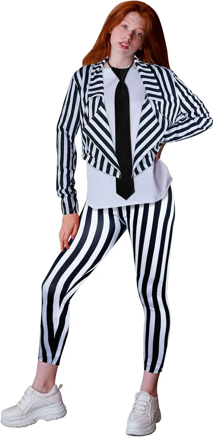 Women's Black White Vertical Striped Kit Include Blazer Length Pant with Tie