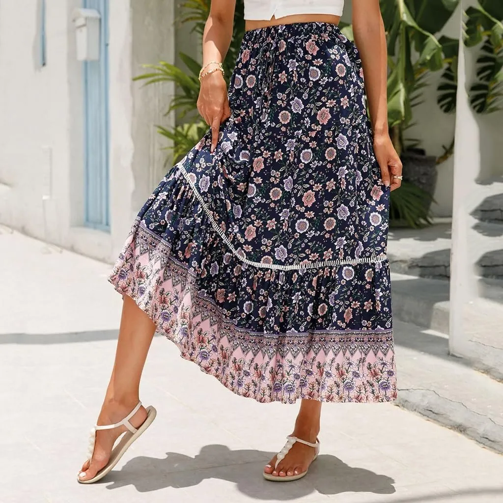 Womens Boho Floral Print High Waisted Midi Skirts A-Line Elastic Waist Pleated Flowy Swing Summer Midi Skirt
