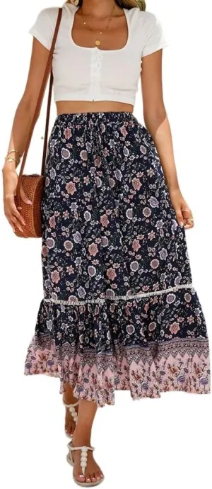 Womens Boho Floral Print High Waisted Midi Skirts A-Line Elastic Waist Pleated Flowy Swing Summer Midi Skirt