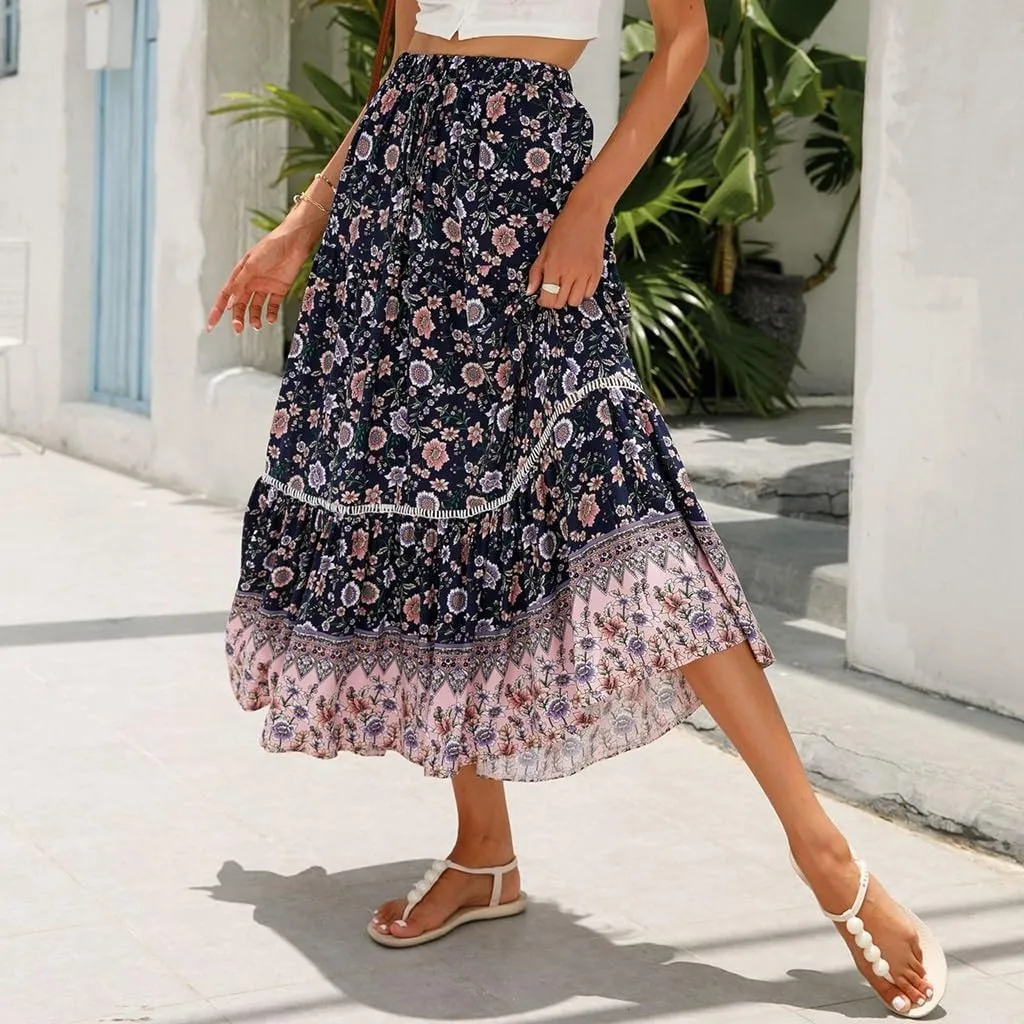 Womens Boho Floral Print High Waisted Midi Skirts A-Line Elastic Waist Pleated Flowy Swing Summer Midi Skirt