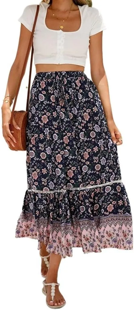 Womens Boho Floral Print High Waisted Midi Skirts A-Line Elastic Waist Pleated Flowy Swing Summer Midi Skirt