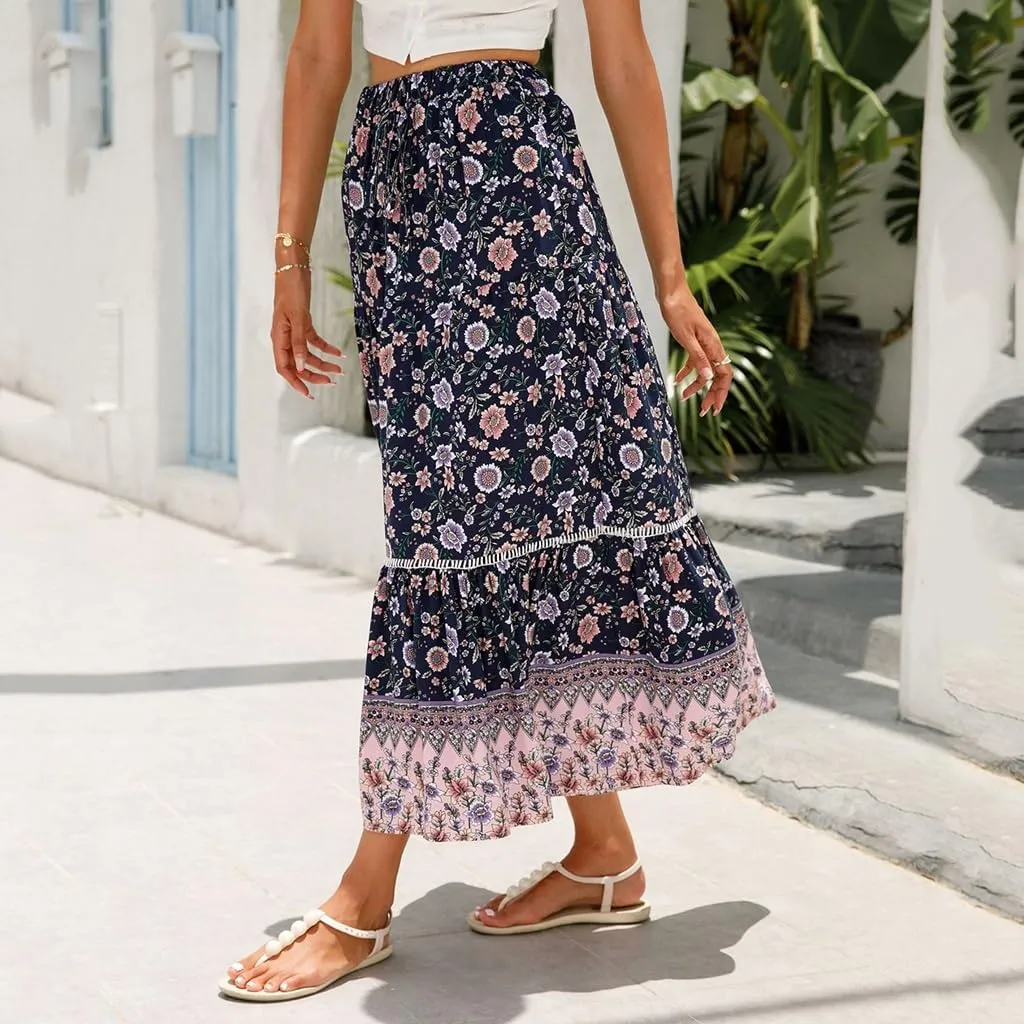 Womens Boho Floral Print High Waisted Midi Skirts A-Line Elastic Waist Pleated Flowy Swing Summer Midi Skirt