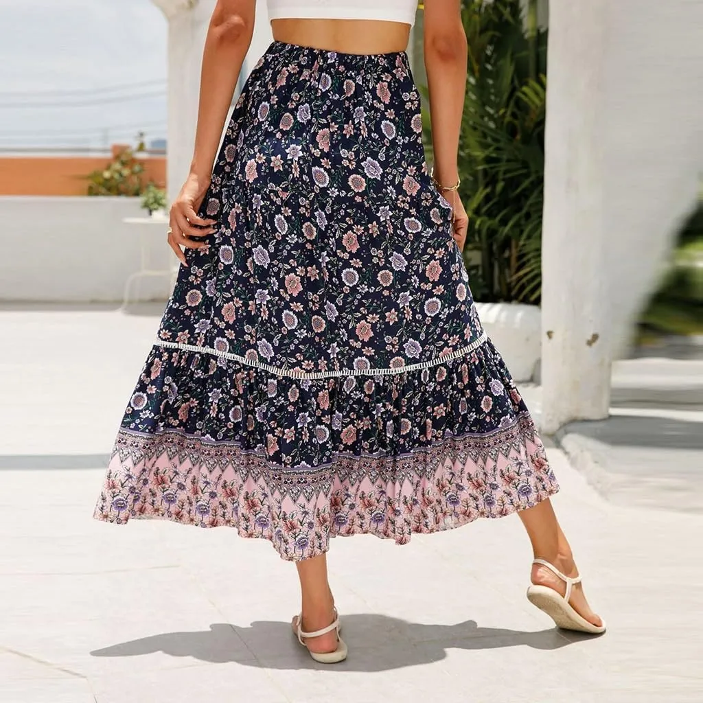 Womens Boho Floral Print High Waisted Midi Skirts A-Line Elastic Waist Pleated Flowy Swing Summer Midi Skirt