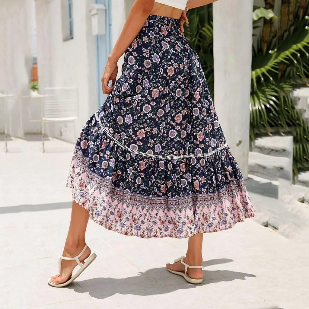 Womens Boho Floral Print High Waisted Midi Skirts A-Line Elastic Waist Pleated Flowy Swing Summer Midi Skirt