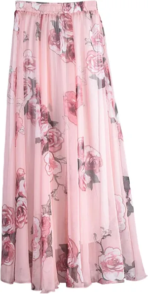 Women's Boho Maxi Skirt Floral Skirt Summer Long Skirts Chiffon Skirt Women Casual Beach Long Skirt