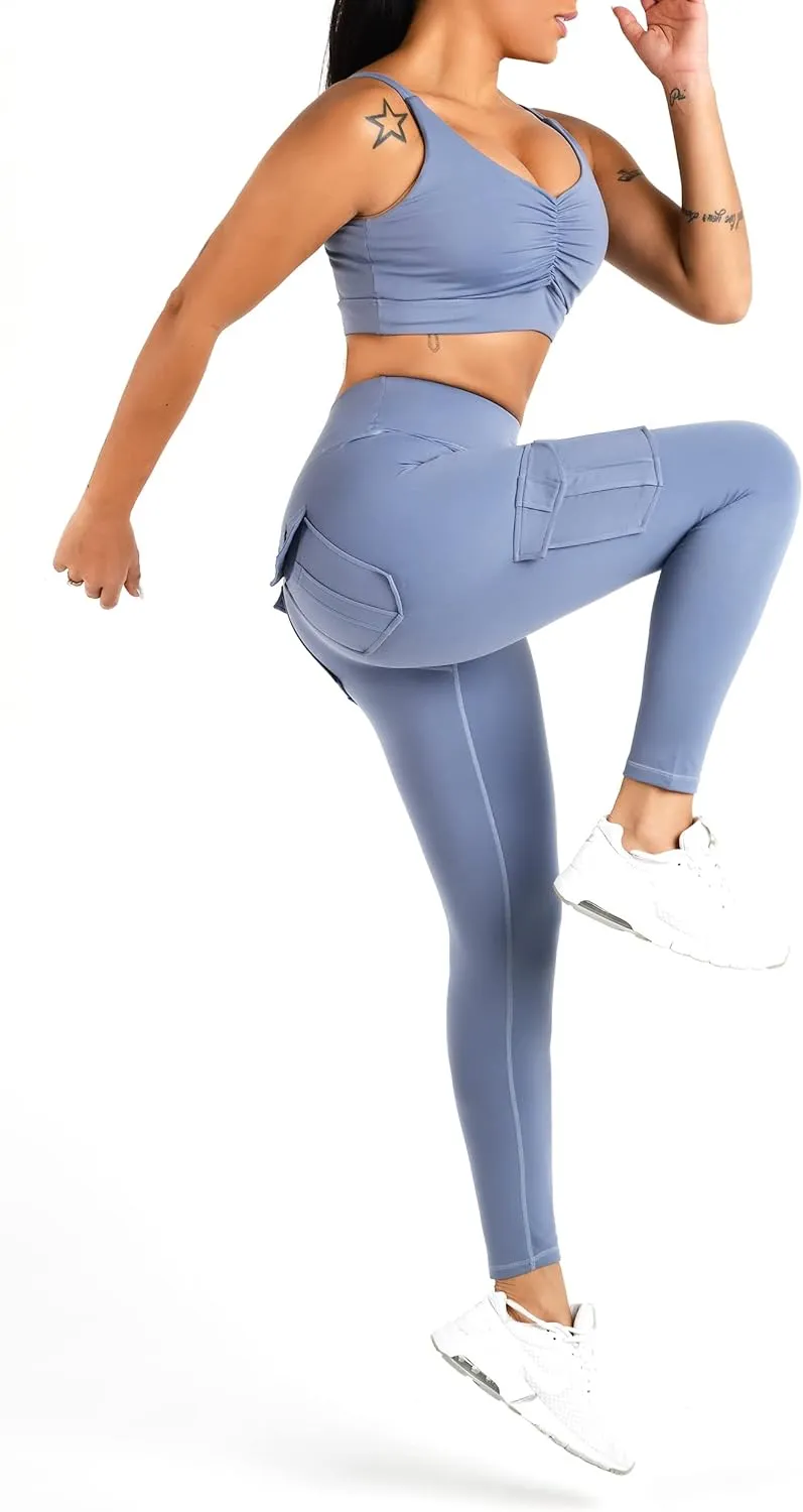 Women's Cargo Yoga Leggings with 4 Pockets High Waisted Tummy Control Stretch Workout Pants Gym Tights