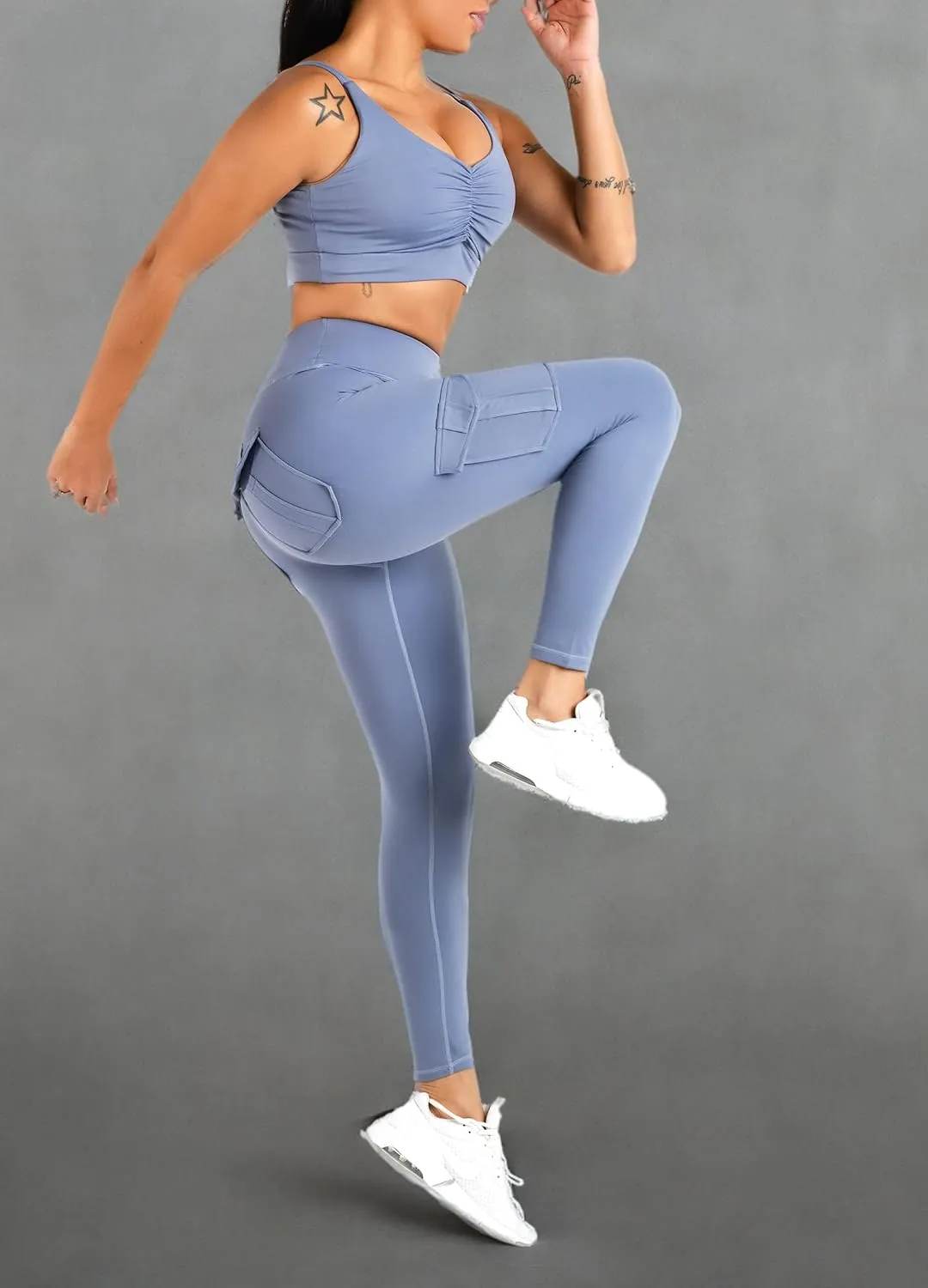 Women's Cargo Yoga Leggings with 4 Pockets High Waisted Tummy Control Stretch Workout Pants Gym Tights