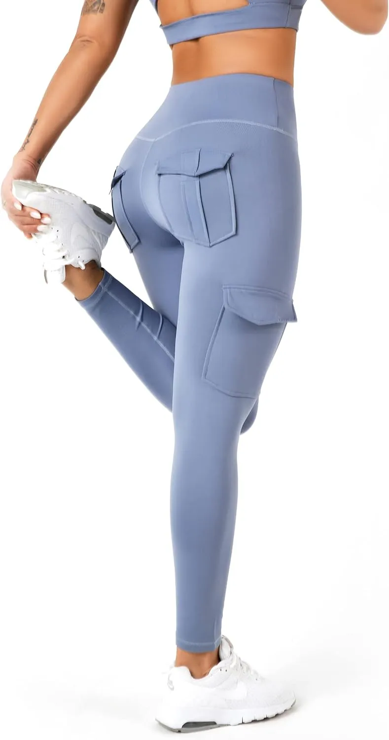 Women's Cargo Yoga Leggings with 4 Pockets High Waisted Tummy Control Stretch Workout Pants Gym Tights