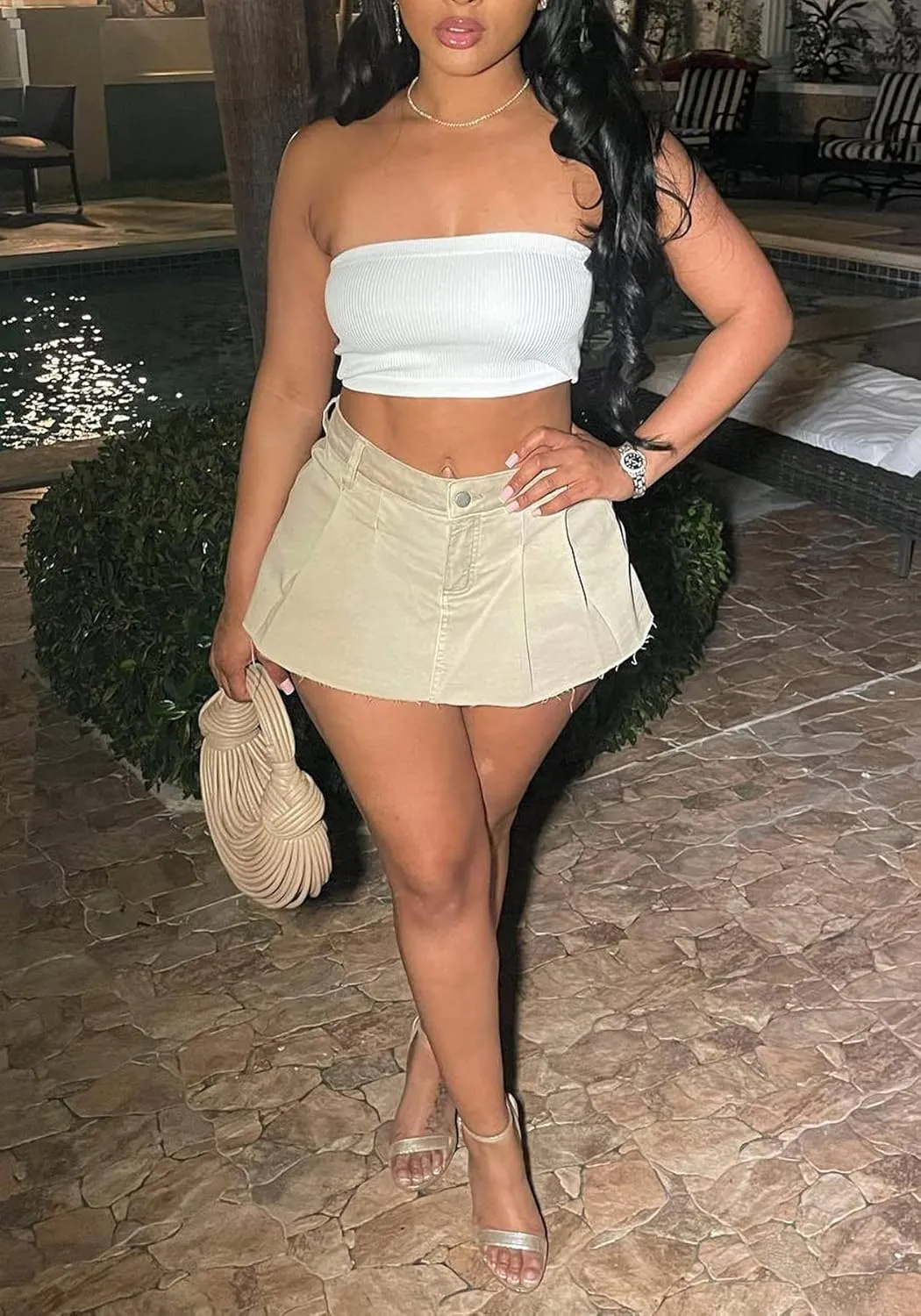 Womens Casual A-line Pleated Ruffle Short Mini Denim Skirts Frayed Fringe Hem Skirt Shorts