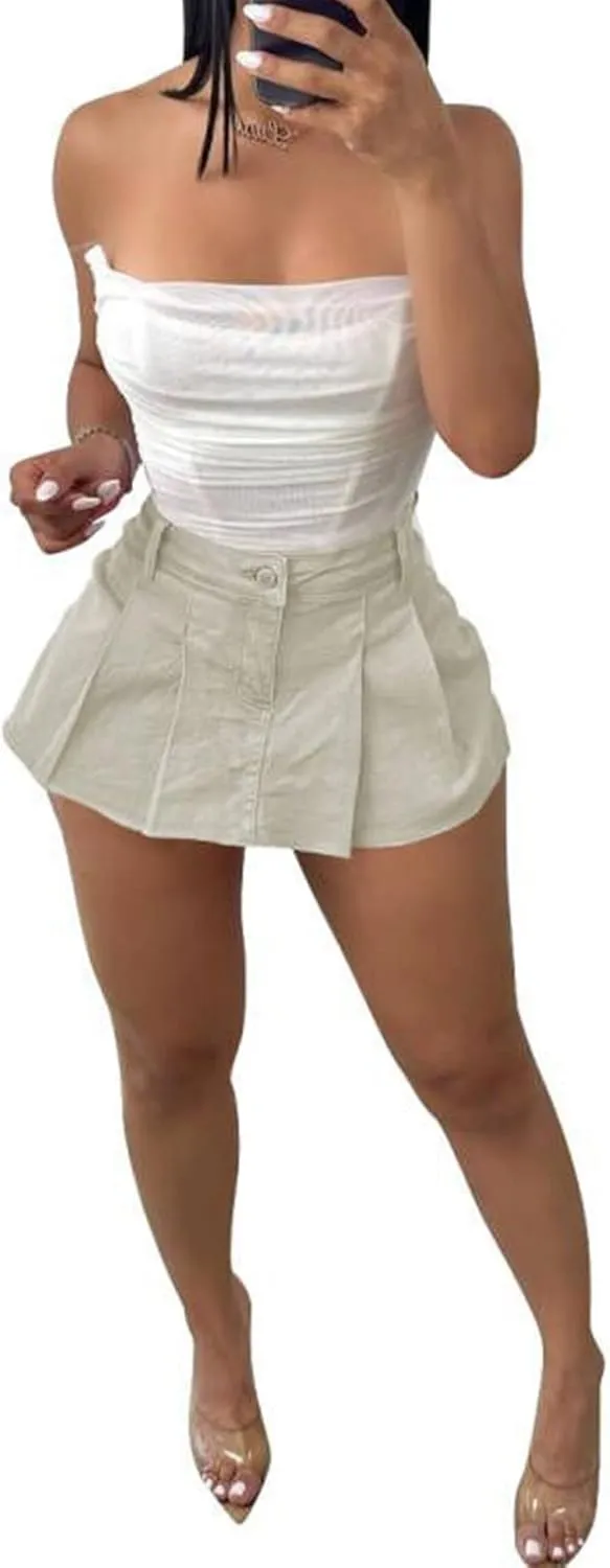 Womens Casual A-line Pleated Ruffle Short Mini Denim Skirts Frayed Fringe Hem Skirt Shorts