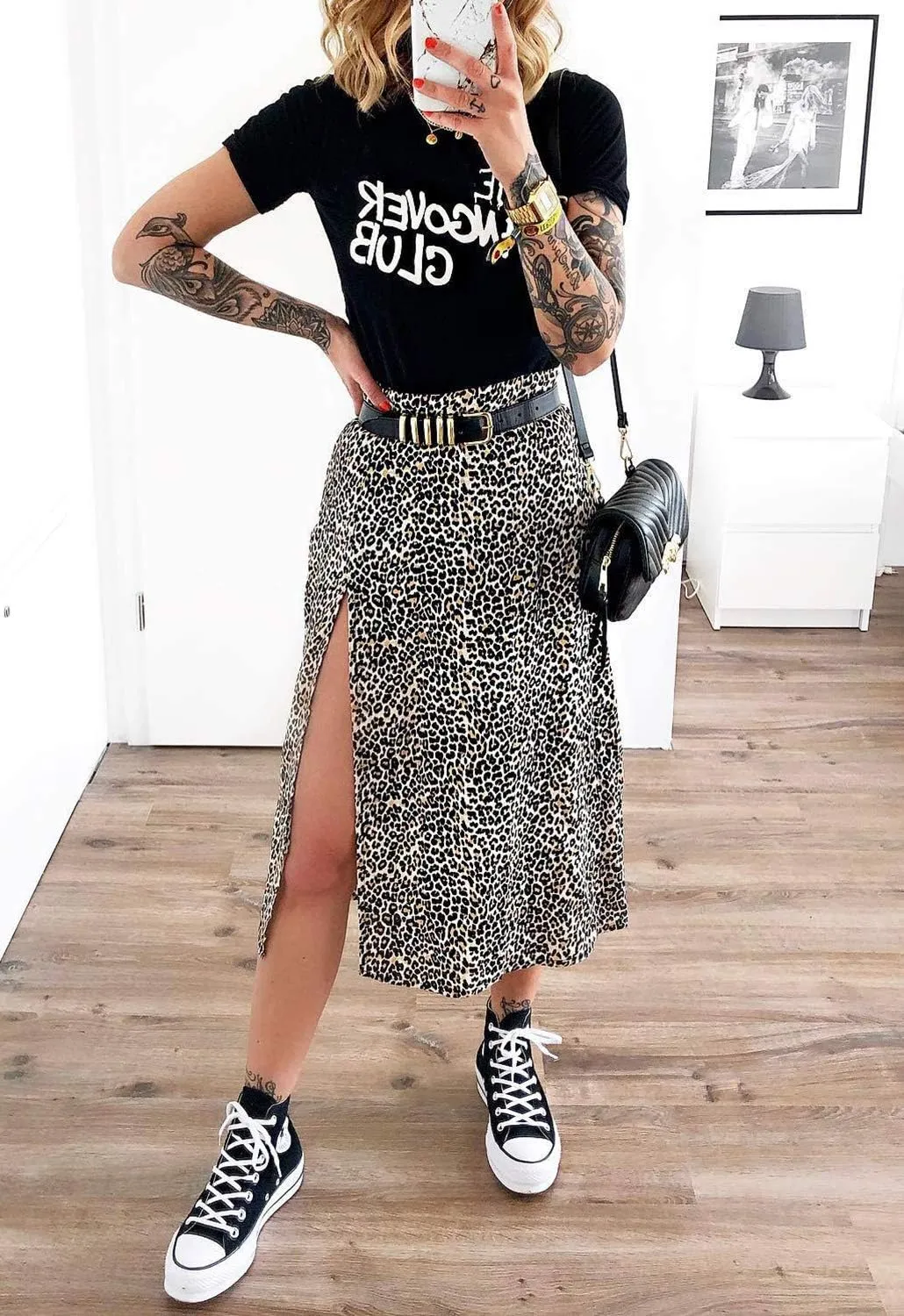 Women's Casual High Waist Boho Printed Side Split A-Line Midi Skirt Leopard Half-Length Maxi Swing Skirt