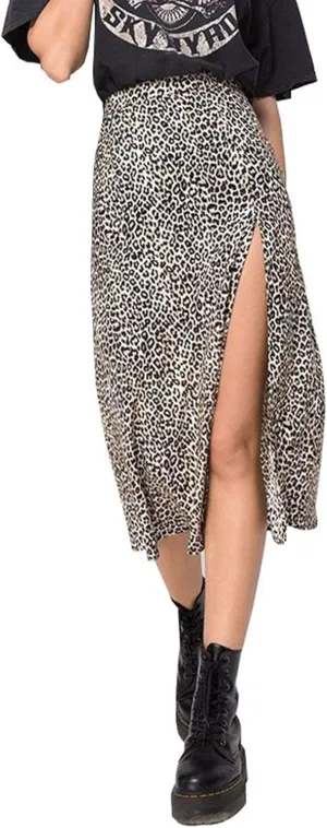Women's Casual High Waist Boho Printed Side Split A-Line Midi Skirt Leopard Half-Length Maxi Swing Skirt