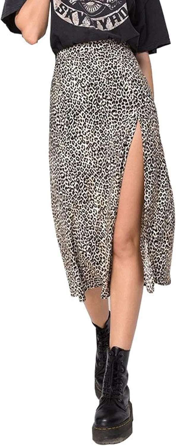 Women's Casual High Waist Boho Printed Side Split A-Line Midi Skirt Leopard Half-Length Maxi Swing Skirt