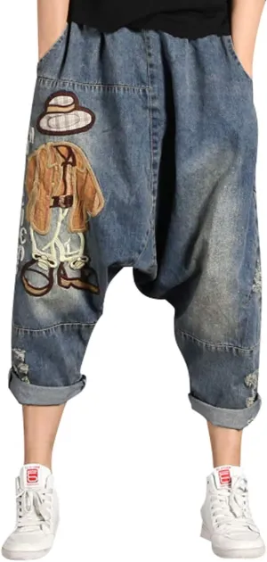 Women's Casual Hip Hop Drop Crotch Harem Jeans Denim Pants Trousers
