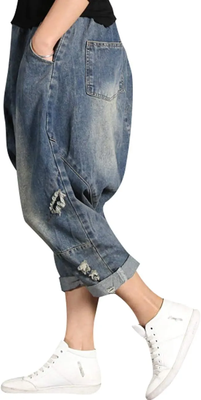 Women's Casual Hip Hop Drop Crotch Harem Jeans Denim Pants Trousers