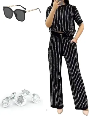 Women's Casual Solid Color Round Neck Hot Diamond Short Sleeve Two-piece Suit, Summer Stripe Wide Leg Pants 2 Piece Set