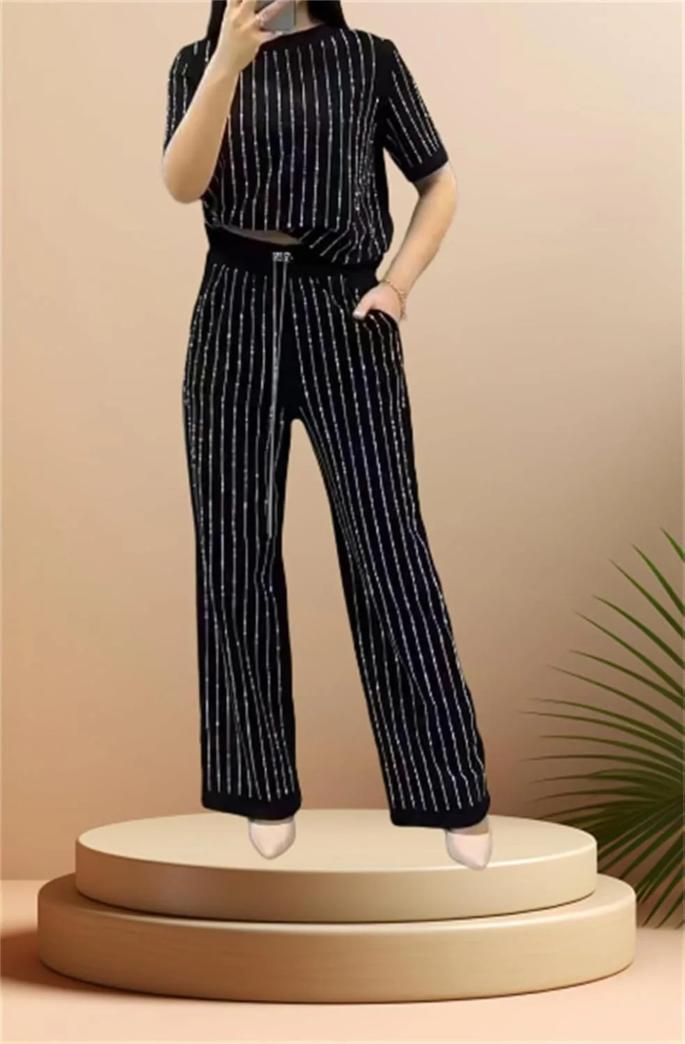 Women's Casual Solid Color Round Neck Hot Diamond Short Sleeve Two-piece Suit, Summer Stripe Wide Leg Pants 2 Piece Set