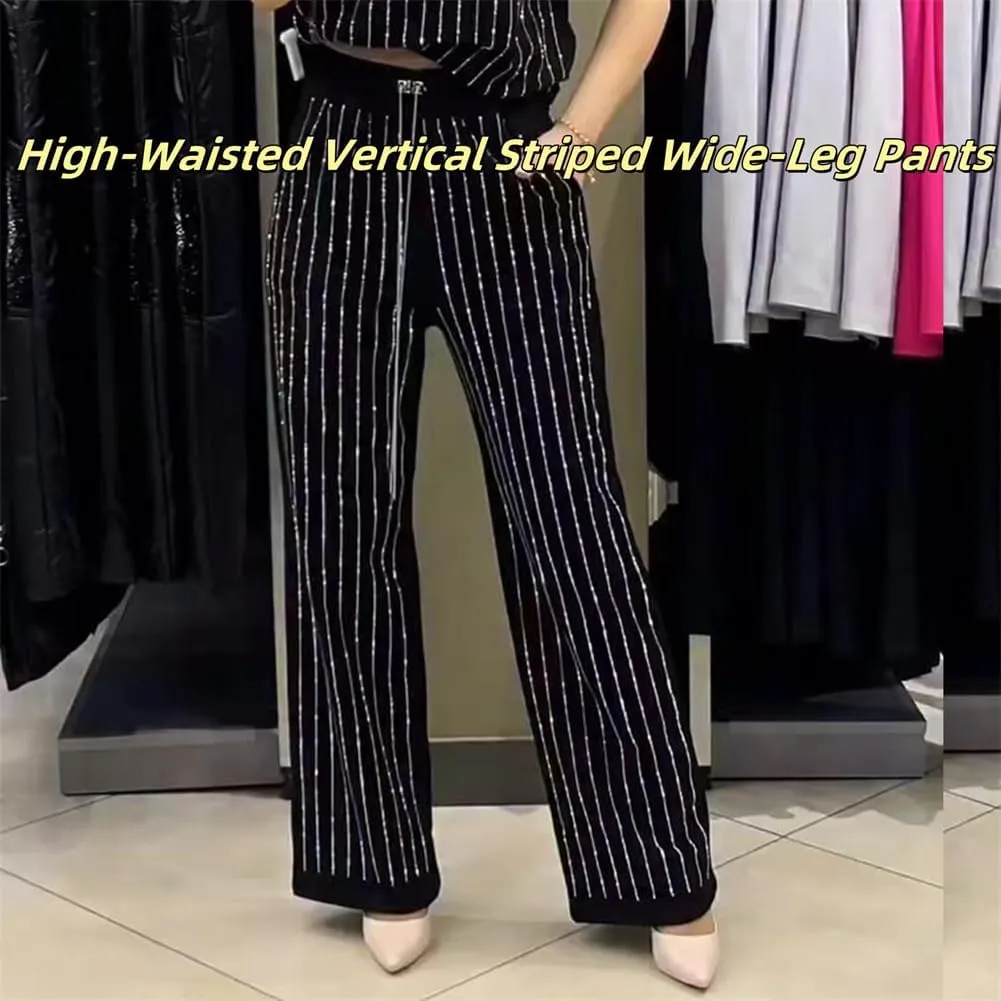 Women's Casual Solid Color Round Neck Hot Diamond Short Sleeve Two-piece Suit, Summer Stripe Wide Leg Pants 2 Piece Set