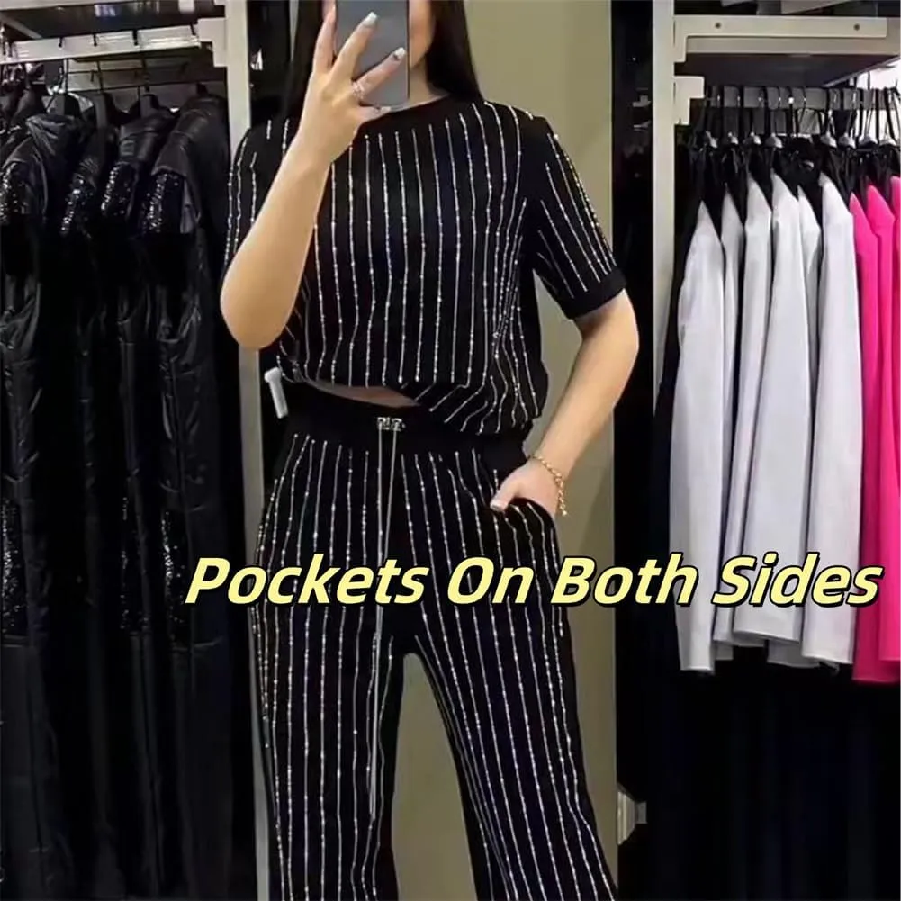 Women's Casual Solid Color Round Neck Hot Diamond Short Sleeve Two-piece Suit, Summer Stripe Wide Leg Pants 2 Piece Set