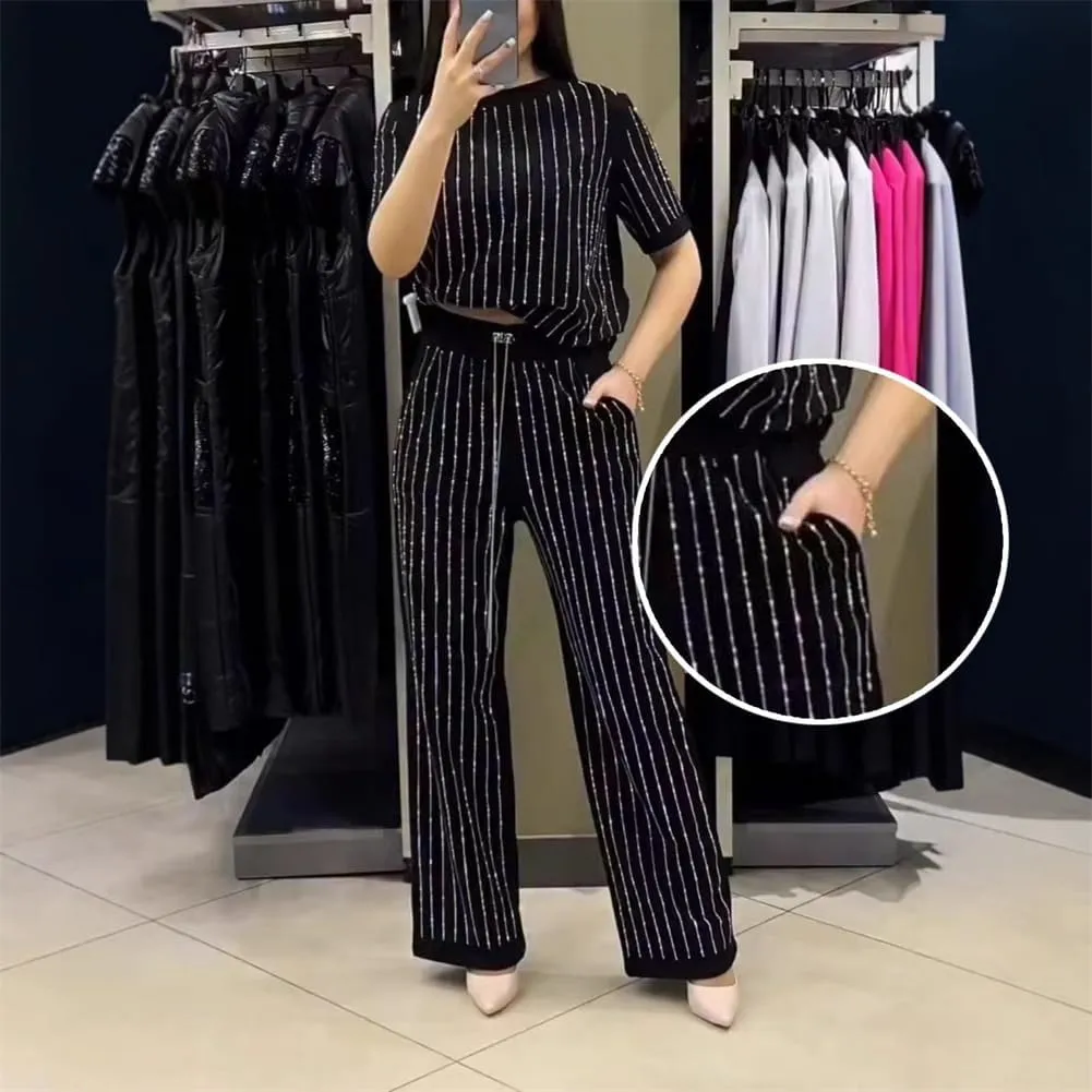 Women's Casual Solid Color Round Neck Hot Diamond Short Sleeve Two-piece Suit, Summer Stripe Wide Leg Pants 2 Piece Set