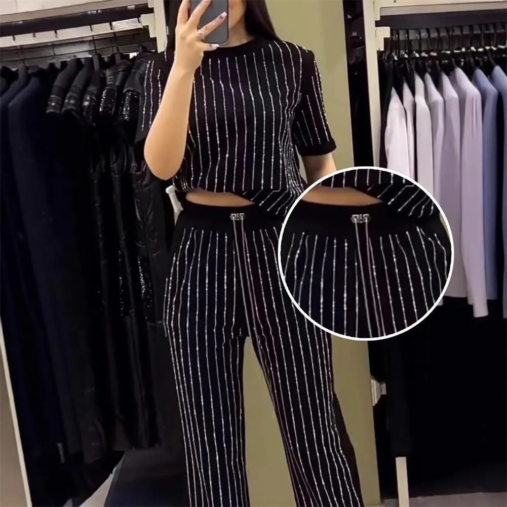 Women's Casual Solid Color Round Neck Hot Diamond Short Sleeve Two-piece Suit, Summer Stripe Wide Leg Pants 2 Piece Set