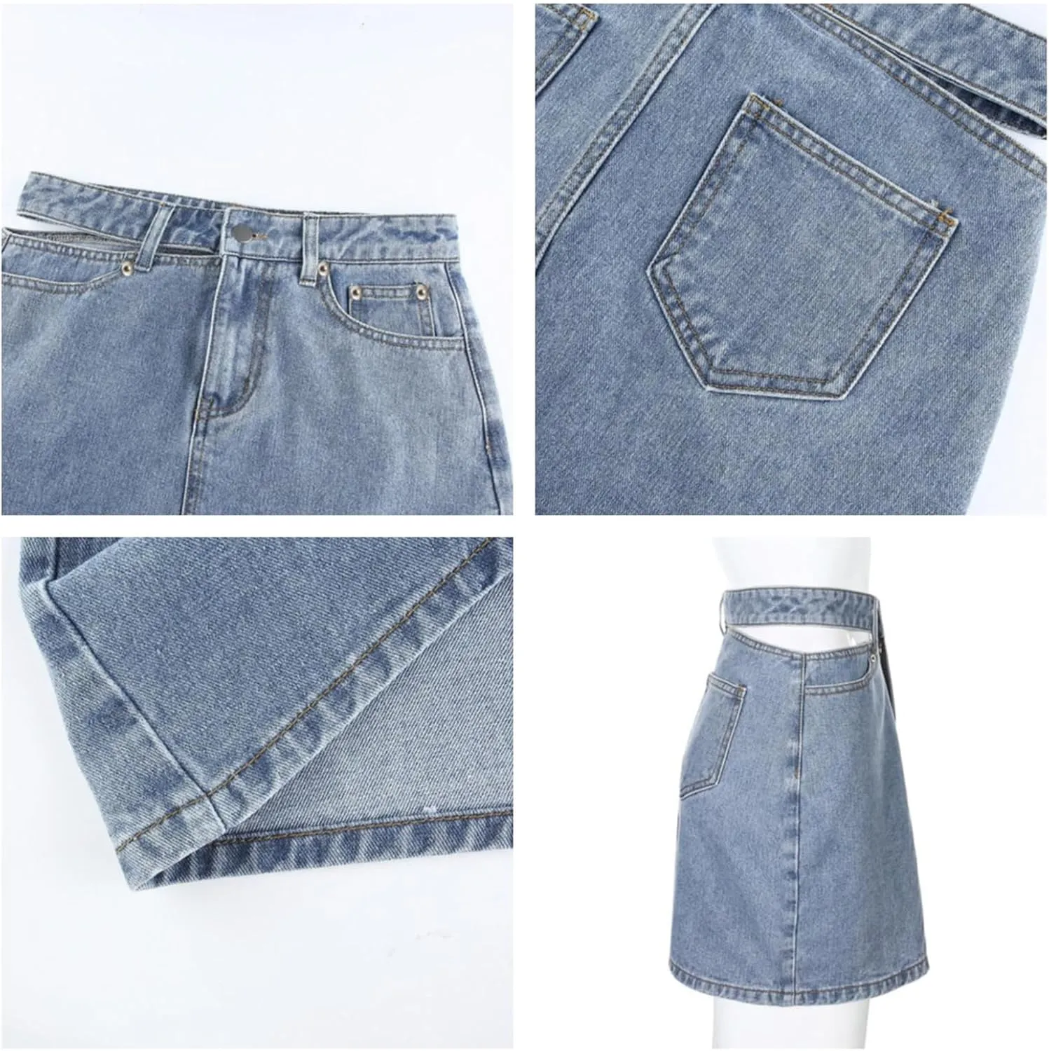 Women's Denim Skirt Side Hollow High Waisted Stretch Bodycon Jean Mini Skirt with Pockets