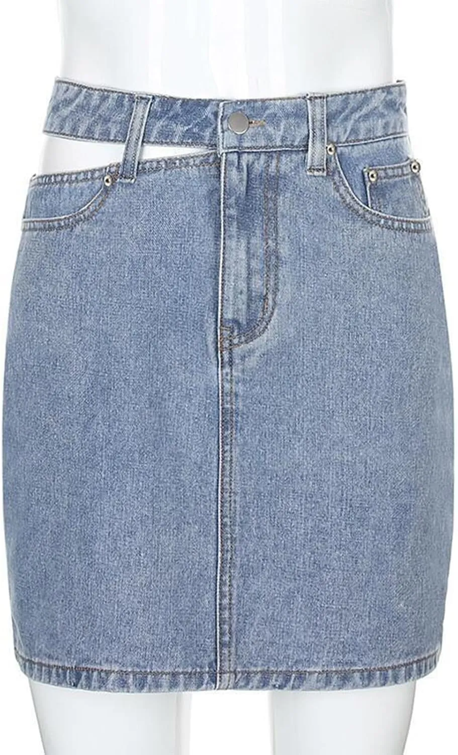 Women's Denim Skirt Side Hollow High Waisted Stretch Bodycon Jean Mini Skirt with Pockets