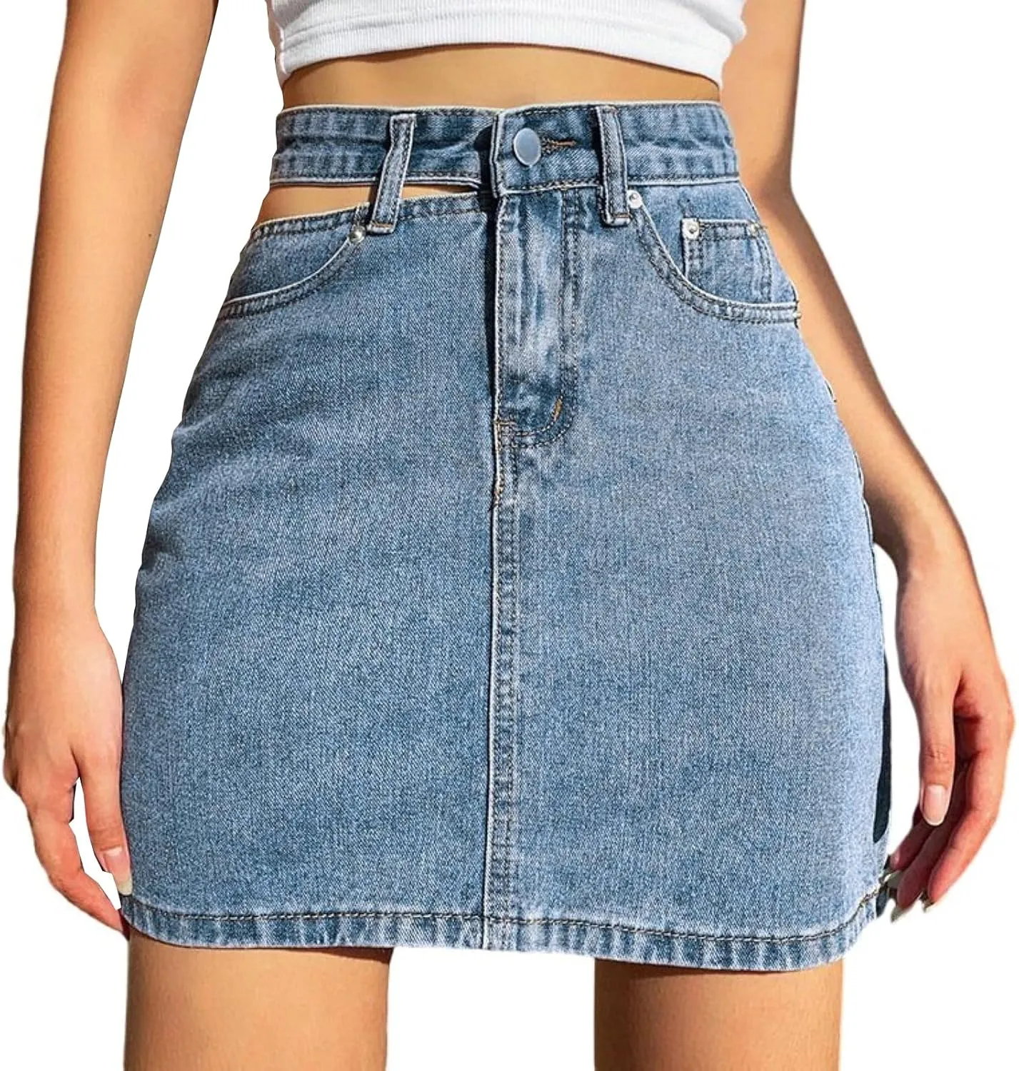 Women's Denim Skirt Side Hollow High Waisted Stretch Bodycon Jean Mini Skirt with Pockets