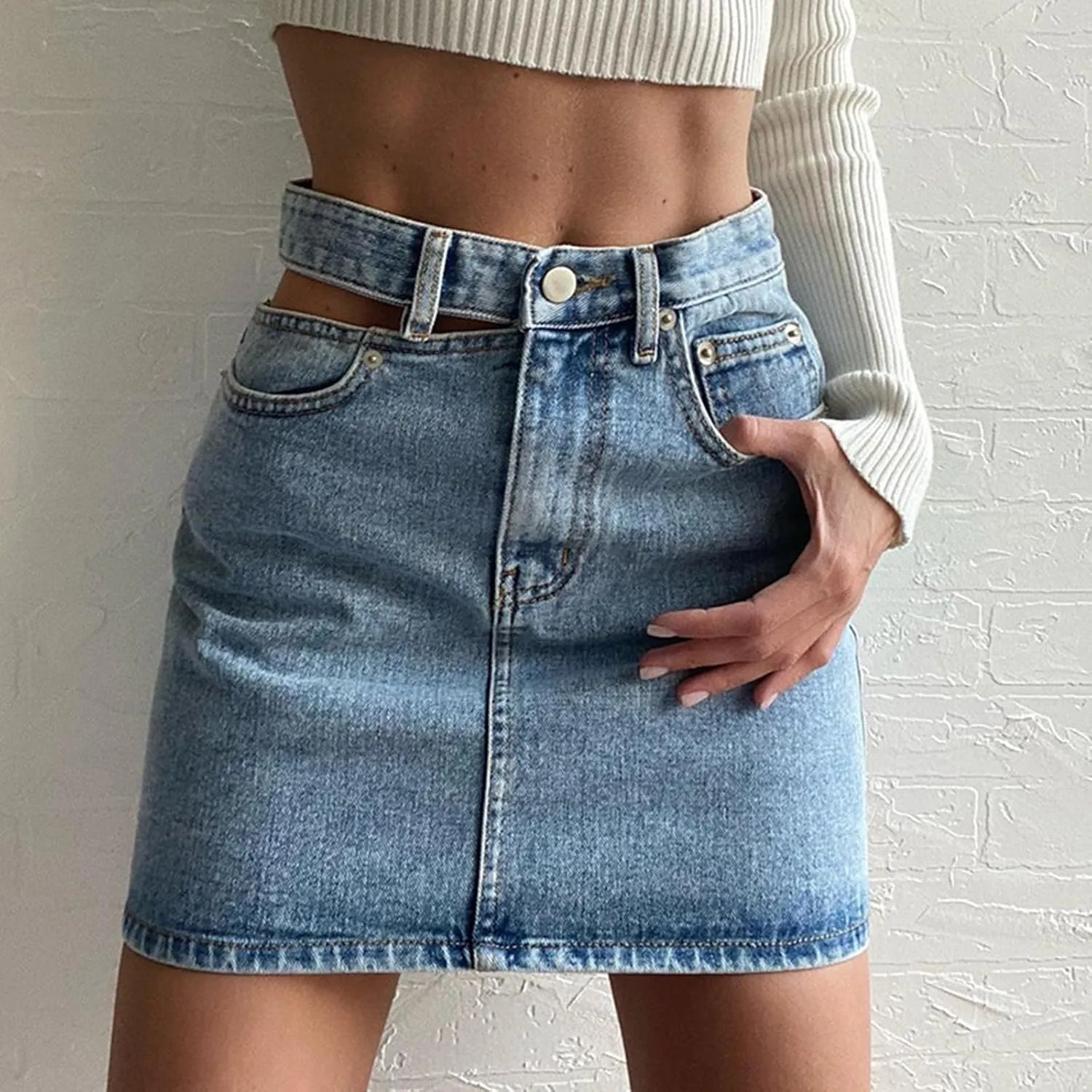 Women's Denim Skirt Side Hollow High Waisted Stretch Bodycon Jean Mini Skirt with Pockets