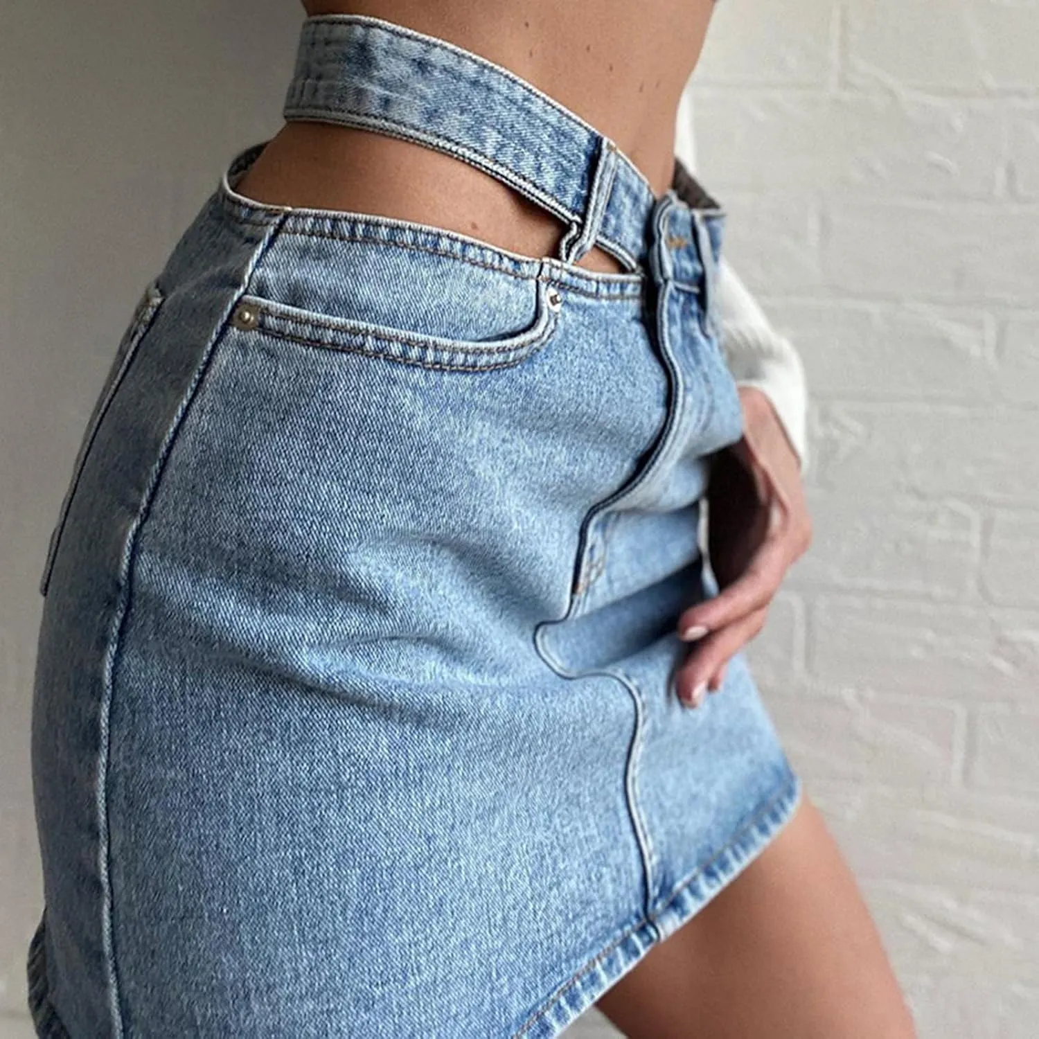 Women's Denim Skirt Side Hollow High Waisted Stretch Bodycon Jean Mini Skirt with Pockets