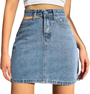 Women's Denim Skirt Side Hollow High Waisted Stretch Bodycon Jean Mini Skirt with Pockets