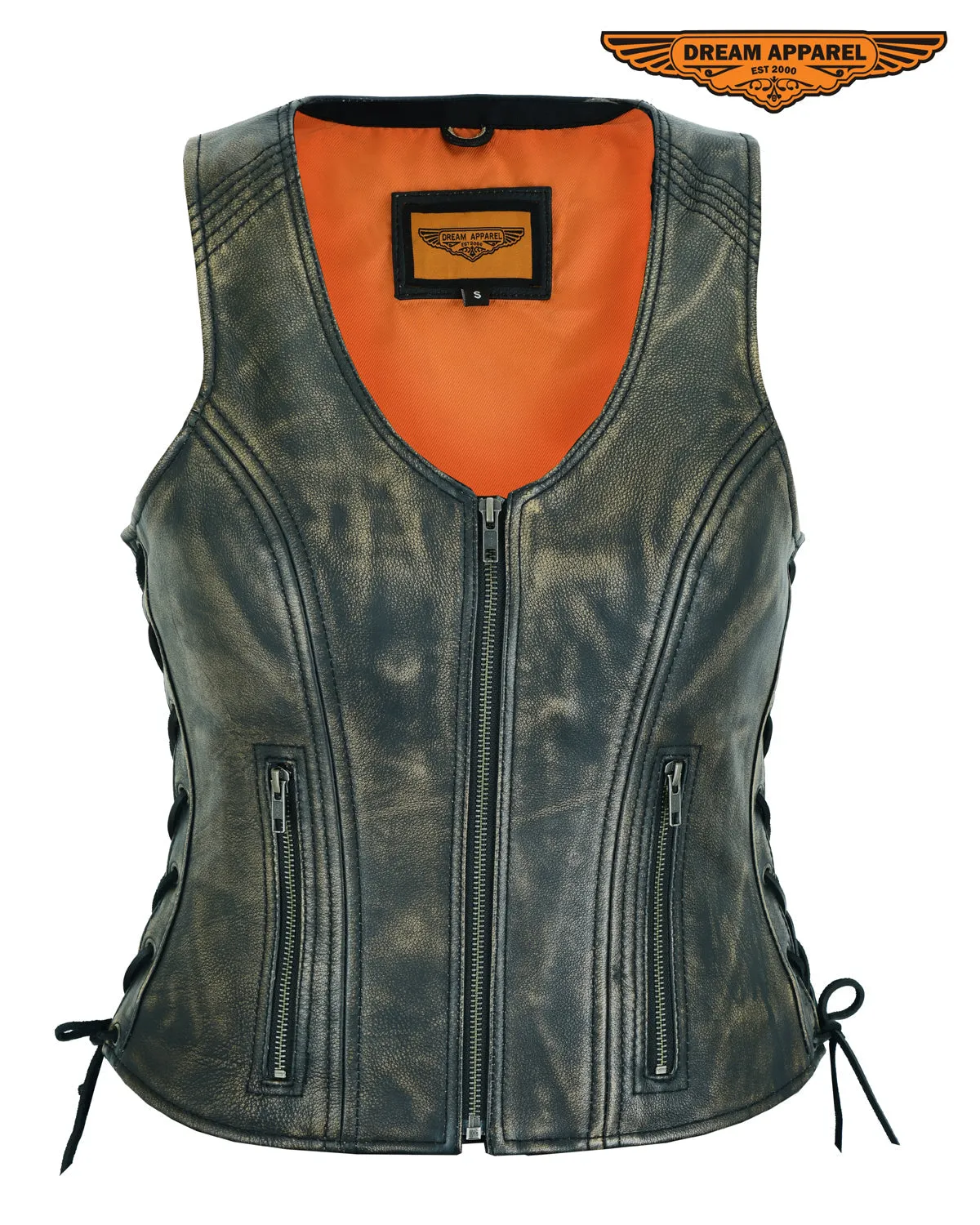 Women's Distressed Brown Naked Leather Vest Side Laces, front zipper
