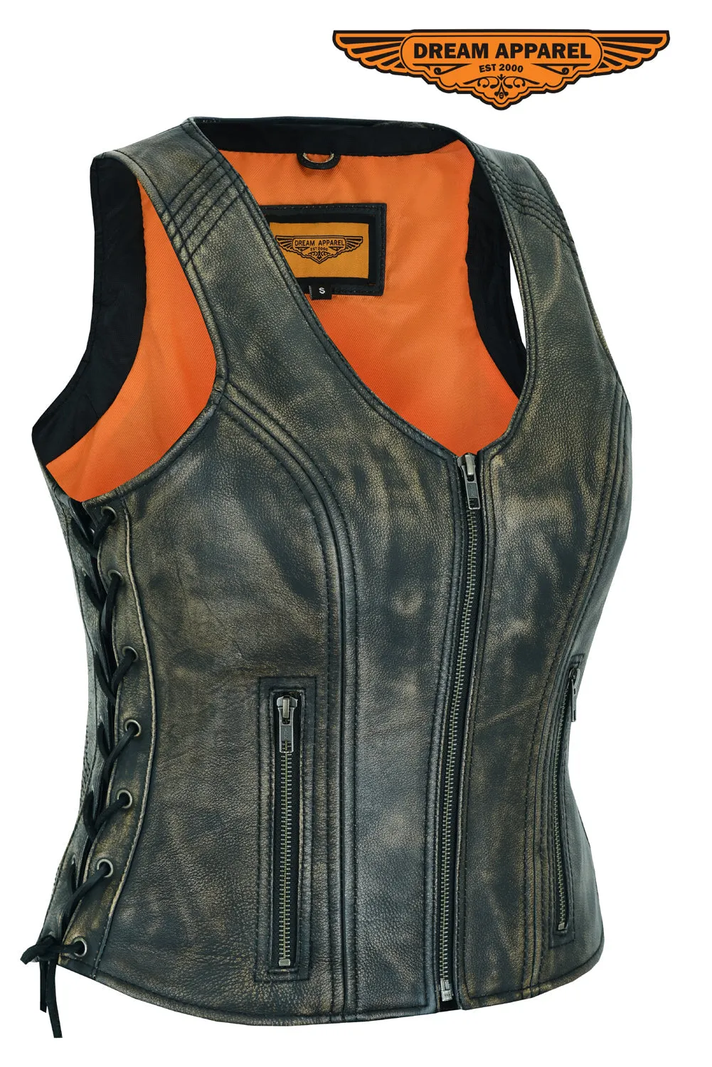 Women's Distressed Brown Naked Leather Vest Side Laces, front zipper