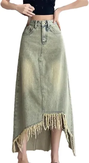 Women's Distressed Fringed Asymmetrical Denim Skirt with Pockets High Waisted Casual Irregular Jeans Skirt