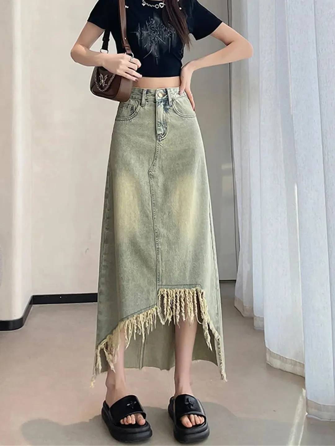 Women's Distressed Fringed Asymmetrical Denim Skirt with Pockets High Waisted Casual Irregular Jeans Skirt